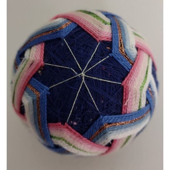 Japanese Temari Ball, Handmade, Navy Multi, 3.5" diameter - Picture 2 of 3